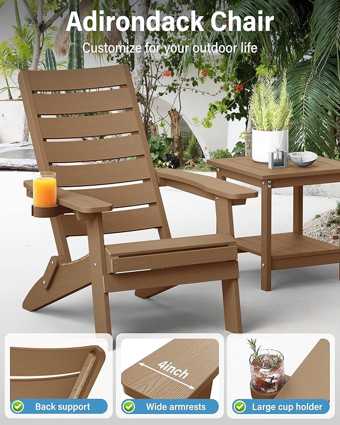 YEFU Adirondack Chair, Folding Adirondack Chairs with Arc Back & Cup Holder, Weather Resistant Plastic Oversized Chair for Outdoor Patio Lawn Garden Backyard Deck Fire Pit, Teak