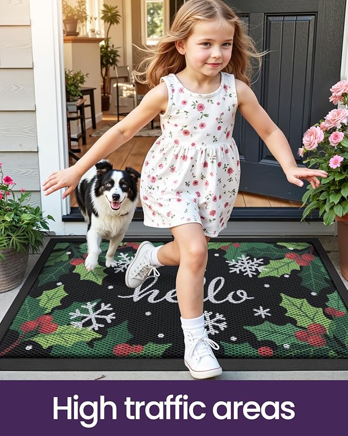 DEXI Front Door Mat Outside Entrance, 2x3 Spring Welcome Entryway Doormat Dirt Trapper, Heavy Duty Non Slip Entry Mats for Patio Garage Porch Home, Green Hello
