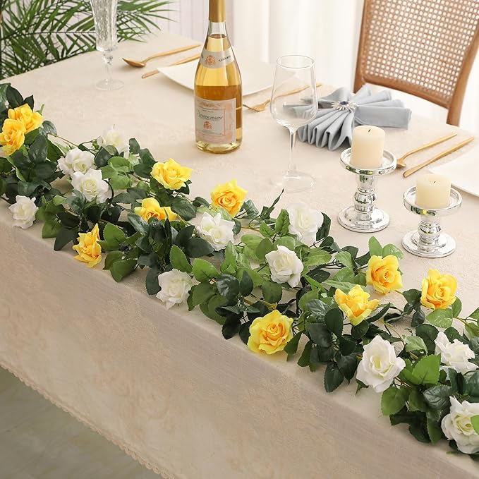 JUSTOYOU Artificial Rose Vines Yellow Flowers Garland Hanging Silk Rose Vine for Wedding Home Office Arch Arrangement Decoration 7.6FT(2PCS)
