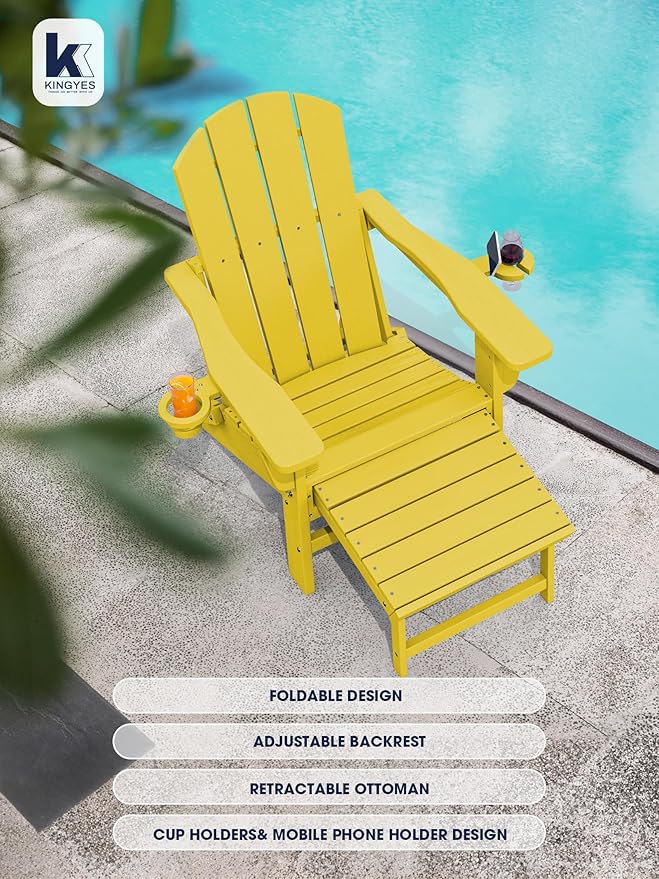 KINGYES Folding Adjustable Adirondack Chair with Ottoman & 2 Cup Holders, HDPE Adirondack Recliner Chair with Footrest, Yellow