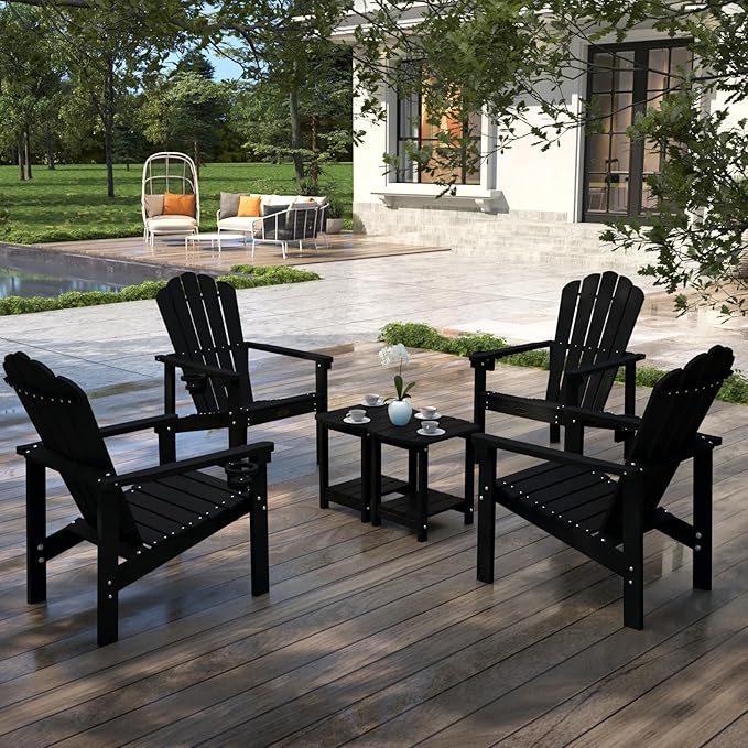 Stackable Adirondack Chair Set of 4, HDPE All-Weather Adirondack Chairs - Durable and Space Saving, Plastic Outdoor Fire Pit Chairs with Cup Holder,Black