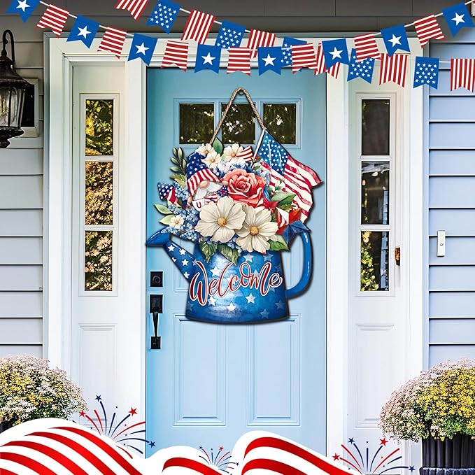 Juexica 4th of July Door Decor Patriotic Wooden Hanging Sign Independence Day Memorial Day Decoration American Flag Bouquet Door Hanger for Outdoor Farmhouse Porch