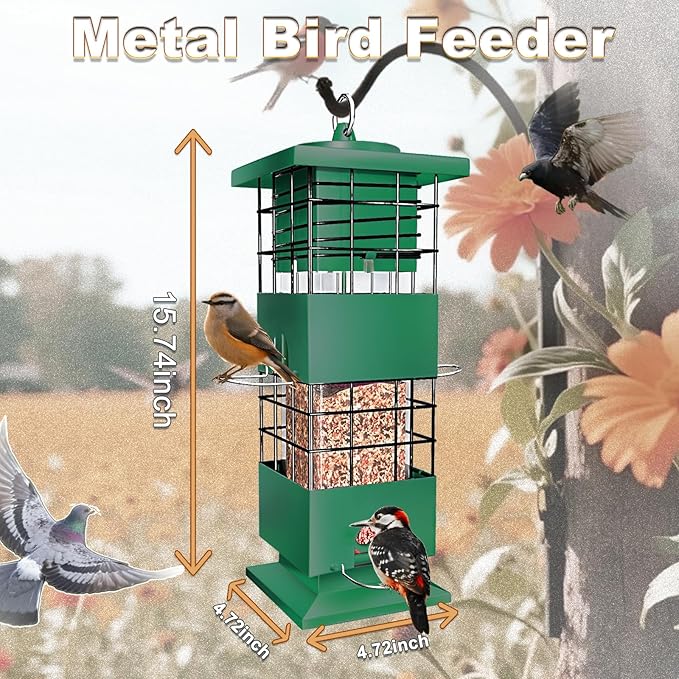 Squirrel Proof Bird Feeders for Outdoors, 3 LBS Large Birdfeeders Outside Hanging, Metal Bird Feeder with 4 Feeding Ports, Weight Activated Backyard Wild Bird Feeders for Finch, Cardinal, Bluebird