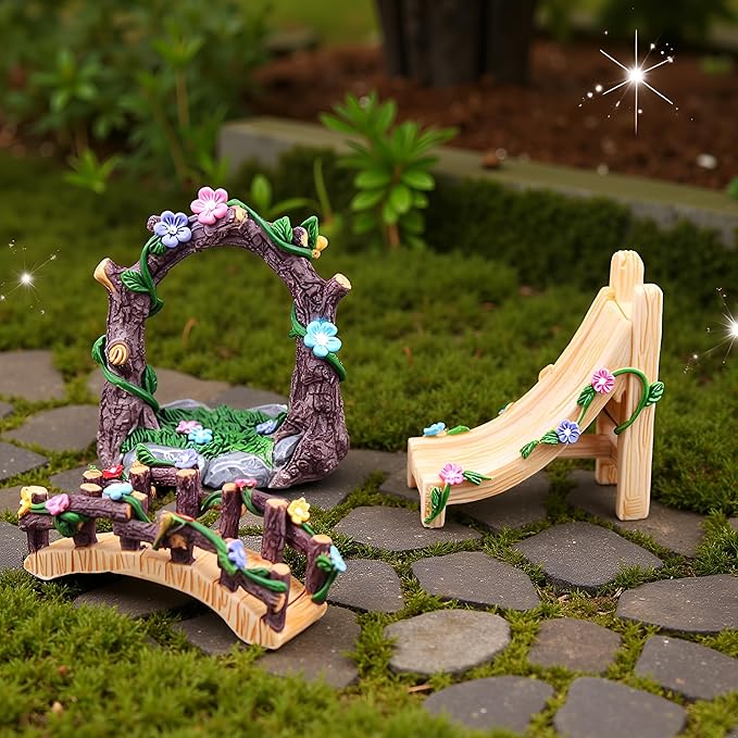 Kai Dream Miniature Fairy Garden Accessories Set, 3 Piece Resin Decorative Landscape Kit with Arch, Bridge and Slide, Floral Garden Ornaments