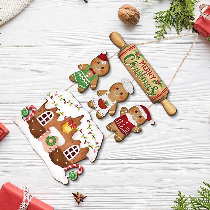 CHDITB Merry Christmas Wood Sign, Gingerbread House Front Door Sign, Festive Hanging Signs, Christmas Wall Hanging Plaque, Xmas Wall Decor for Outdoor Porch Yard Home Decor