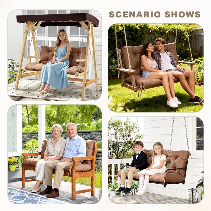 Porch Swing Cushion with Backrest,Waterproof Bench Cushion for Outdoor Furniture,2-3 Seater Replacement Thickened swing cushion with Ties,Patio,Outdoor,Backyard and Garden (Light Coffee,47x40")