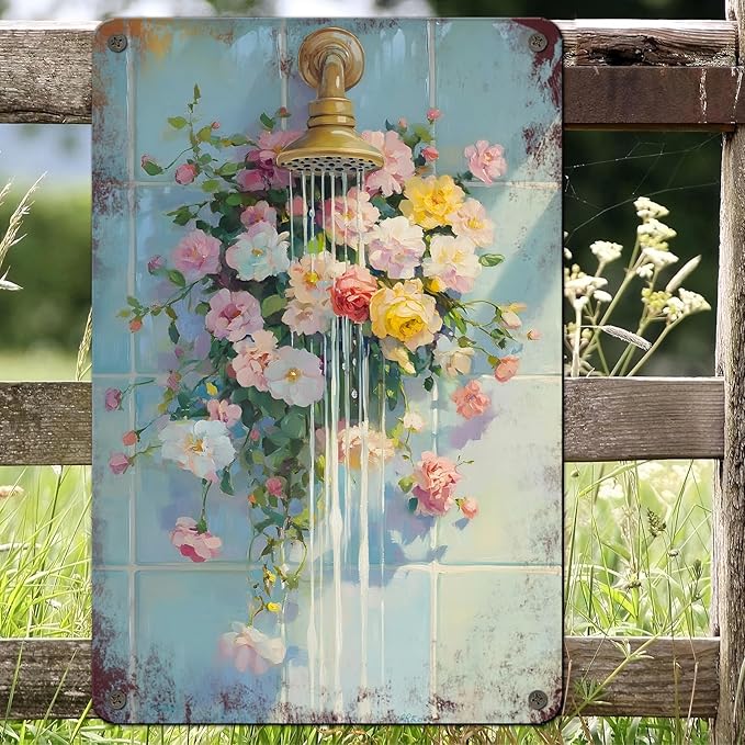 Floral Bathroom Metal Wall Sign Bathroom Flower Wall Art Wildflower Watercolor Print Floral Shower Decor Flower Vintage Poster Sign 8x12inch