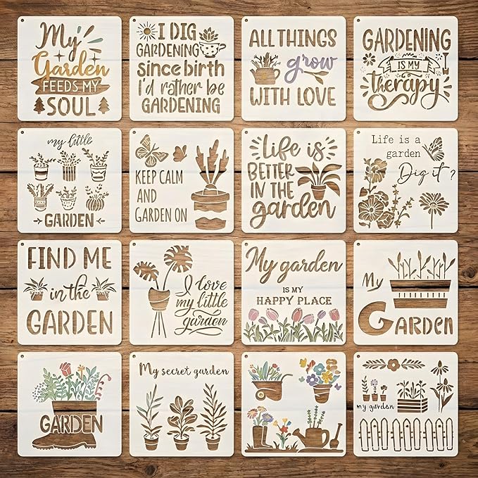 16 PCS Garden Theme Stencils for Painting, Stencils for Crafts Reusable 8 x 8 Inch Quote Floral Templates for Wood Signs Sheds Planters and Patio Decor