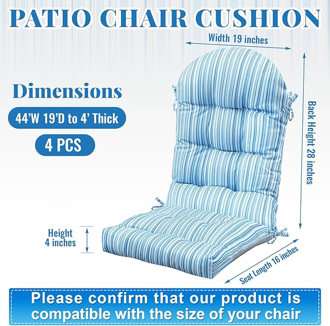 Geelin 4 Pcs Adirondack Chair Cushion High Back Patio Rocking Chair Cushion 44 x 19 x 4 Inch Tufted Weather Resistant Fade Resistant Seat for Patio Rocking Seat (Blue Stripes)