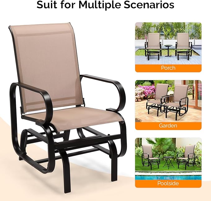 VINGLI Outdoor Rocking Glider, Patio Glider with Higher Backrest, Weather-Resistant & No Noise Rocking System, 330LBS Load Capacity, Brown