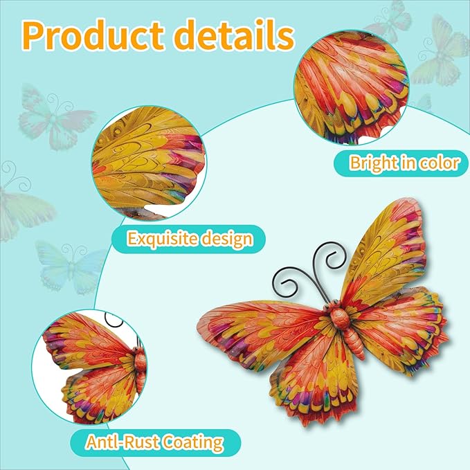 Junware 4 Pieces Metal Butterfly Wall Art Decor - 7.5" Outdoor Fence Wall Sculpture Decor, Hanging Decoration for Garden Yard Living Room Bedroom Patio Balcony, Nice Gift for Mom Friend