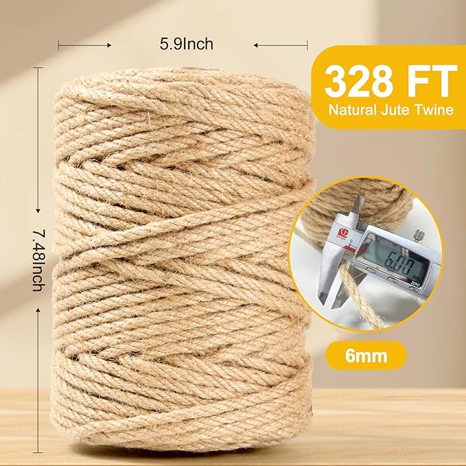 Jute Twine String - 328ft 6mm Eco-Friendly Heavy-Duty Cord for Crafts,Industrial Packaging & Garden | Natural Fiber Rope for DIY Decor,Bundling & Cat Scratchers
