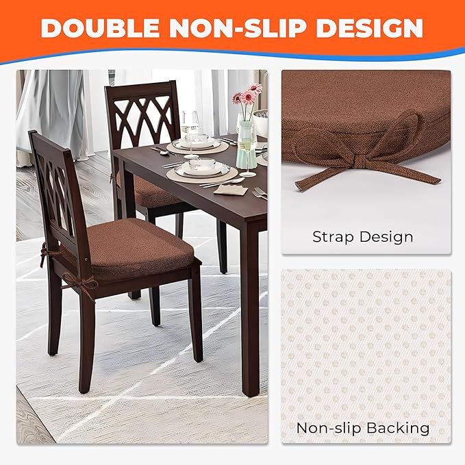 Chair Cushions for Dining Chairs, D-Shaped Seat Cushions with Removable Washable Cover and Ties, Chair Pads for Kitchen, Indoor Dining Room, Patio Chairs, 17'' x 16'', Set of 2, Brown