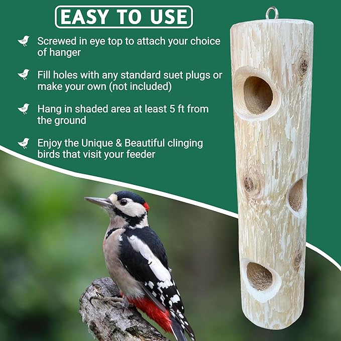 Natural Wood Log Feeder for Woodpeckers - 16 inch Outdoor Hanging Suet Feeder, Works with Suet Plugs, Balls and Cakes - Made In USA