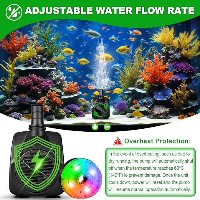 15W 800L/H Submersible Fountain Pump with LED Lights, Adjustable Quiet Water Pump, Pond Fountain Pumps for Water Feature, Garden, Aquarium Fish Tank, Indoor Outdoor Fountain with 3 Type Nozzles
