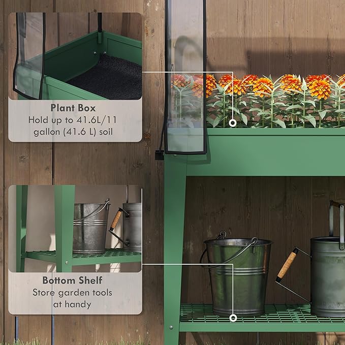 Outsunny Raised Garden Bed with Greenhouse Cover, Large Metal Outdoor Elevated Planter Box with Lockable Wheels, Storage Shelf and Drainage Hole for Vegetables, Flowers, Herbs, Green