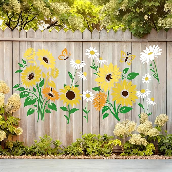 JarThenaAMCS 12Pcs Large Spring Sunflower Stencils Reusable Floral Daisy Plastic Drawing Templates for Summer DIY Crafts Painting on Wood Wall Garden Fence