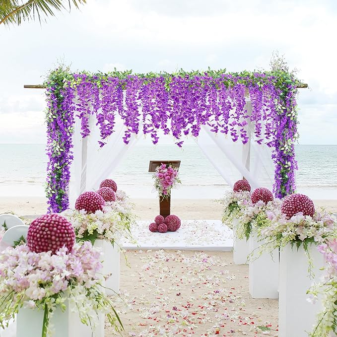 Sggvecsy 6Pcs Wisteria Garland Artificial Flowers Garland Fake Hanging Wisteria Vines Rattan Silk Hanging Flower Vines for Home Garden Outdoor Wedding Arch Party Ceremony Total 35.4Ft (Purple)