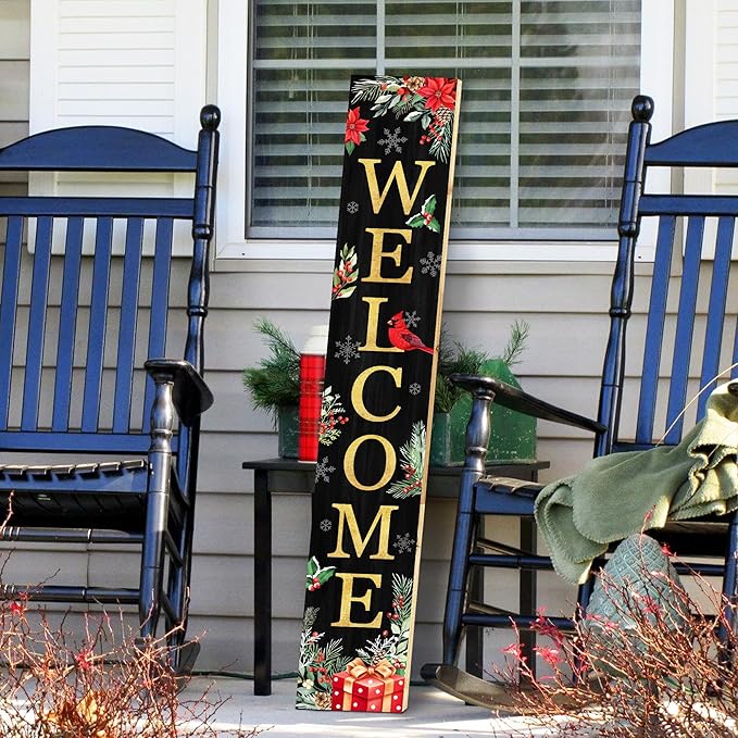 Christmas Welcome Sign for Front Porch Standing, Holly Xmas Themed Wooden Porch Sign for Front Door Decorations, Rustic Farmhouse Hanging Wall Sign for Christmas Winter Decor 47.2" H
