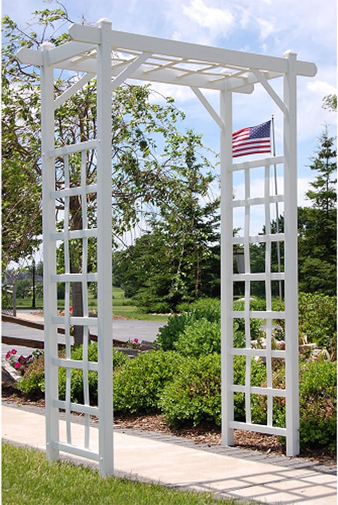 Dura-Trel Elmwood Arbor, Vinyl Garden Archway for Outdoors, 57" x 85", White - Backyard Decorative Arch for Pathways & Entrances w/ Trellis Sides for Climbing Plants, Vines & Flowers