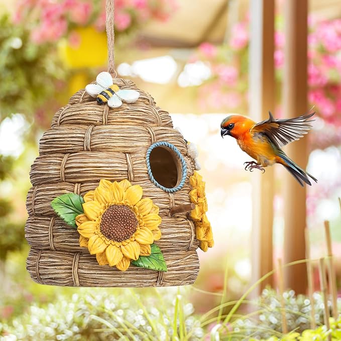 Resin Bird House for Outside, Birdhouses for Outdoors Bird Nesting, Decorative Bird Houses for Yard Garden Decor, Water Proof (Sunflower Thatch)