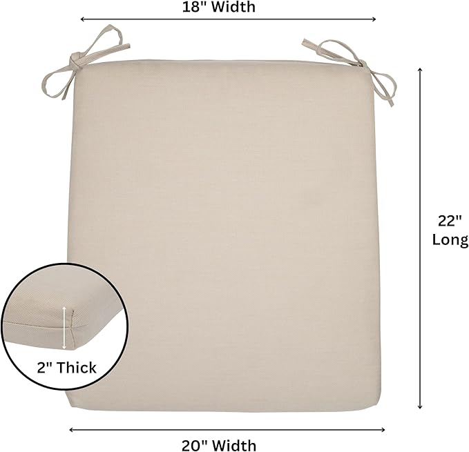 Shine Company Weather-Resistant Outdoor Rocking Chair Seat Cushion, 22"x20", Performance Fabric with Foam Core, Removable Cover with Ties, Khaki