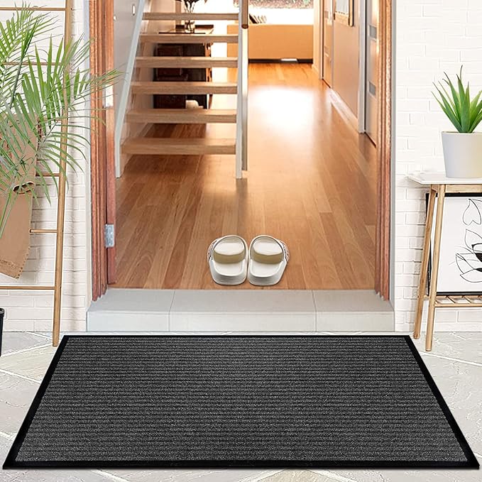 LuxUrux Striped Gray Door Mat - Heavy Duty, Indoor/Outdoor, Easy Clean, Waterproof, Low-Profile (24'' x 16'') - Ideal for Entry, Patio, Garage - Durable Solution for High Traffic Entrance Ways