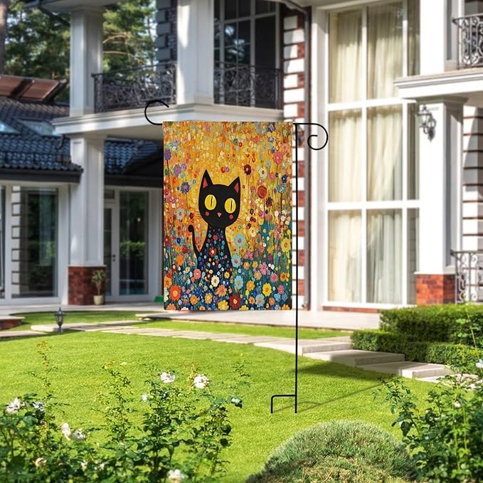 Cute Black Cat in The Flower Garden Welcome Garden Flag 12×18 Inch Small Vertical Double Sided Wild Flowers Floral Leaf Botanical Plants Flag Farmhouse Flags Yard Holiday Decoration
