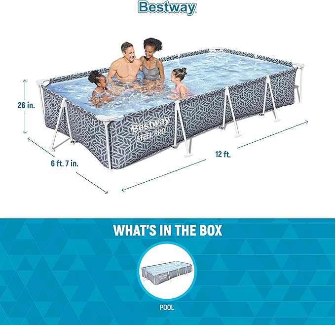 Bestway Steel Pro 12' x 6' 7" x 26" Rectangle Above Ground Outdoor Swimming Pool Set with DuraPlus Liner and FrameLink System, Gray