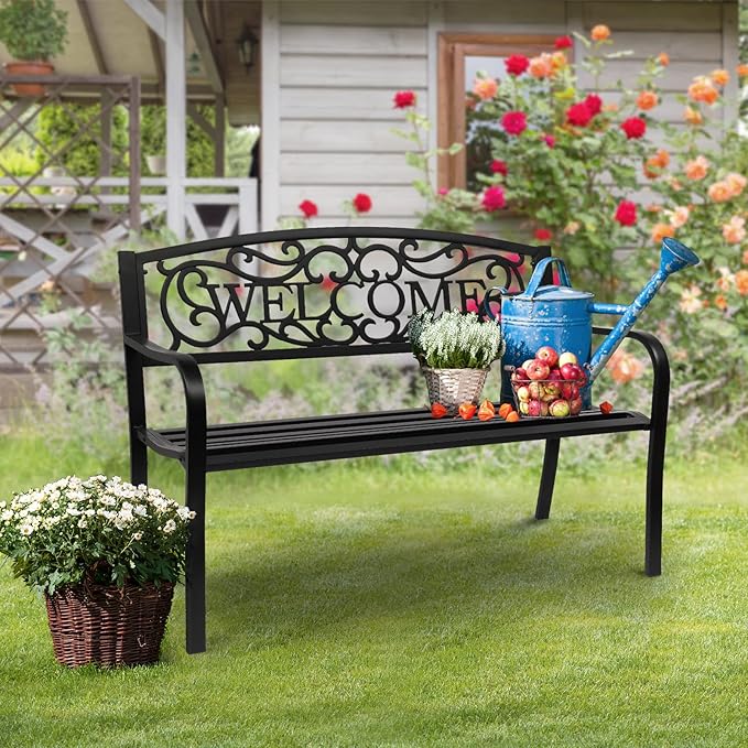 VINGLI Outdoor Bench for Patio Metal Garden Bench w/PVC Back Pattern, Black Park Benches Front Porch Benches for Yard Lawn Decor Deck Entryway (Black-Welcome)