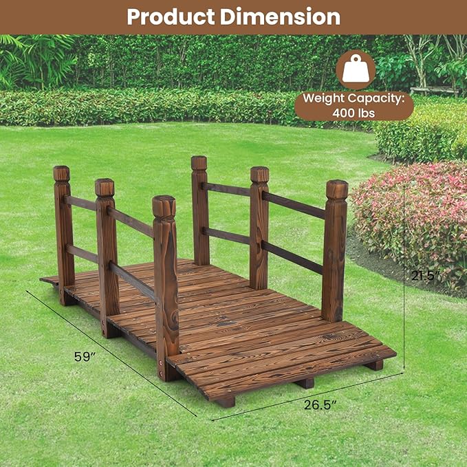 HAPPYGRILL 5FT Wooden Garden Bridge, Decorative Pond Landscaping Bridge with Classic Arc Footbridge & Double Safety Railings, Garden Bridges for Outdoors, Backyard, Garden Farm (Brown)