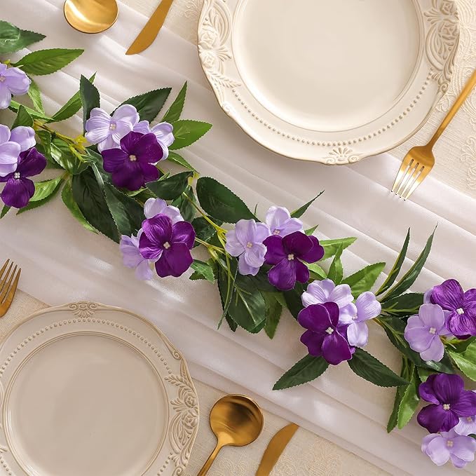JUSTOYOU Artificial Vines Purple Flower Garland Artificial Impatiens Flowers for Outdoors Hanging Floral Vines for Home Decor Wall Fence Stairway Indoor Outdoor Wedding Hanging Baskets(2 Pcs)