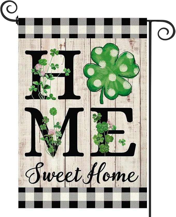 ORTIGIA St Patricks Day Garden Flag Burlap Vertical Double Sided Shamrock Lucky Green Clover Garden Flag Holiday Yard Flag Outside Outdoor Decor 12.5x18 Inch
