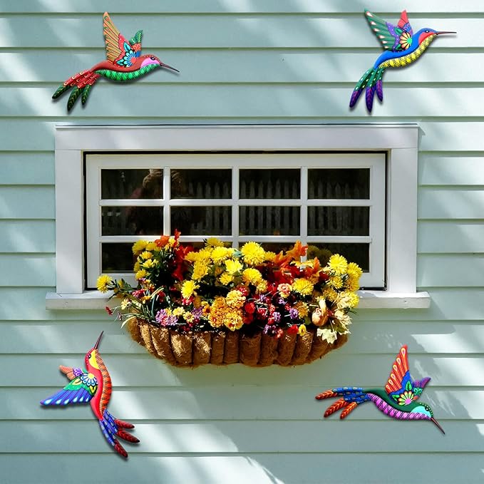 Outdoor Metal Wall Art - 3D Metal Hummingbird Wall Decor - Fence Decorations Outdoor - Decorations for Garden Fence Backyard Bedroom Patio Living Room,Gift for Family Friends(4 Pack)