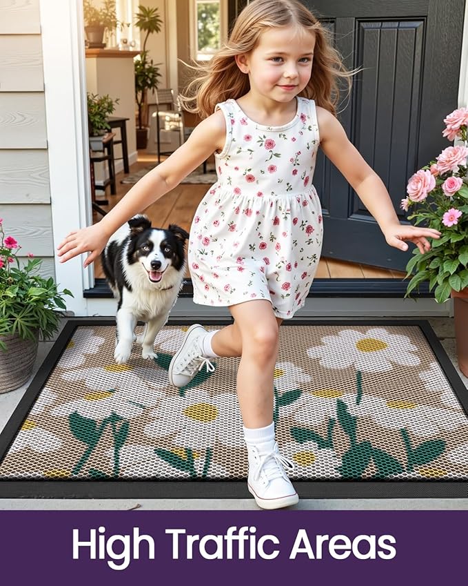 DEXI Front Door Mat Outside Entrance, 17x30 Daisy Plant Welcome Doormat, Non Slip Dirt Resist Heavy Duty Entry Mats for Entryway, White and Beige
