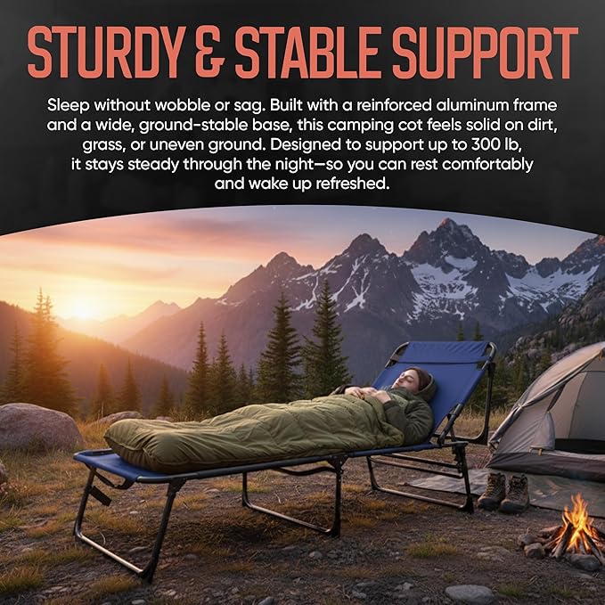 Outdoor Lounge Chair | Extra Large Portable cot incl Leg Raising adjustability | Easy Setup & Takedown | Supports Adults up to 300 lb | Ideal for Camping Patio, Balcony, Beach & More