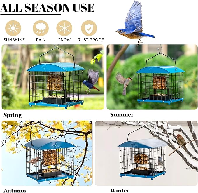 Caged Suet Bird Feeders Squirrel-Proof, Dual-Purpose Suet &Seed Wild Bird Feeders with Tray, Starling-Proof Metal Caged Bird Feeders Outdoors Hanging, 2 Suet Cakes+1lb Seed Capacity, Blue
