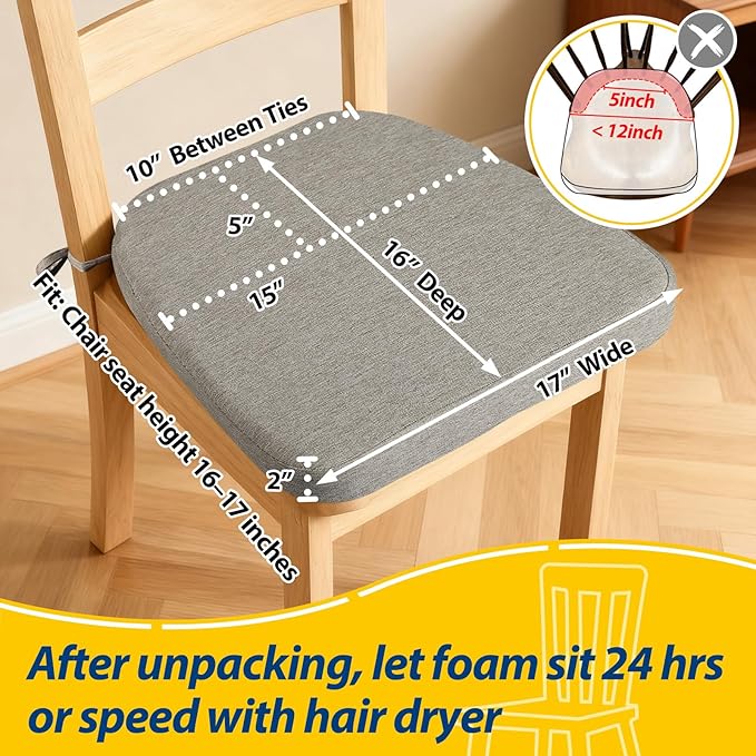 AAAAAcessories D-Shaped Chair Cushions, 2" Thick Dining Chair Pads with Ties and Removable, Machine-Washable Cover, 17" x 16", Set of 2, Khaki Gray