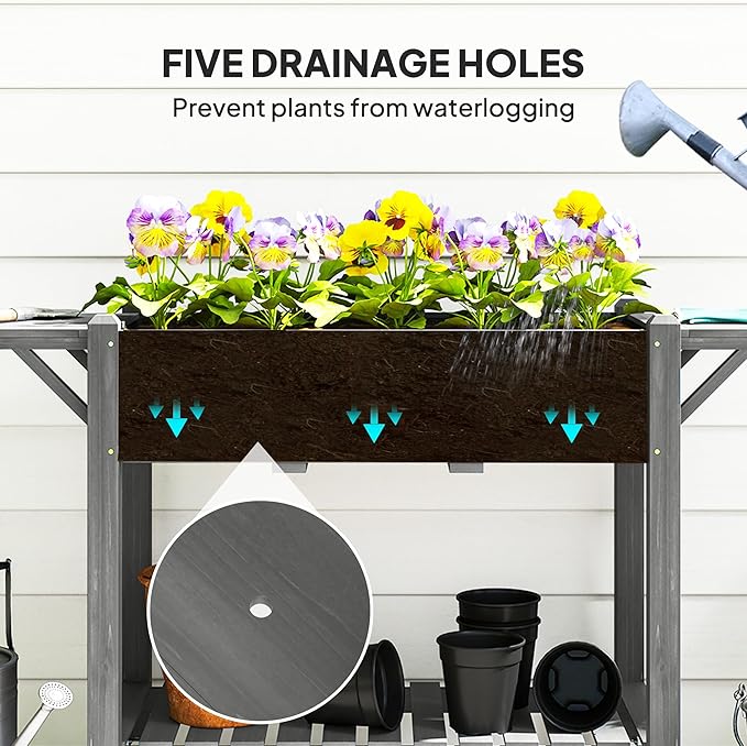 Outsunny Raised Garden Bed, 57 x 20.5 x 34 in Wood Elevated Planter Box with Lockable Wheels, Side Tables and Bottom Shelf, Outdoor Raised Planter with Bed Liner and Drainage Holes, Gray