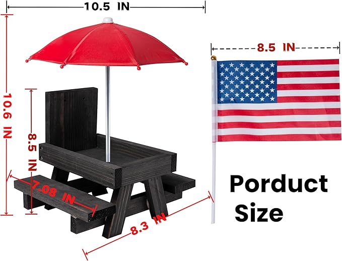 Squirrel Feeder Picnic Table, Squirrel Feeders for Outside with Umbrella and Flag, Black Wood Squirrel Feeder with Corn Cob Holder Cute Chipmunk Feeder for Yard and Porch Decoration