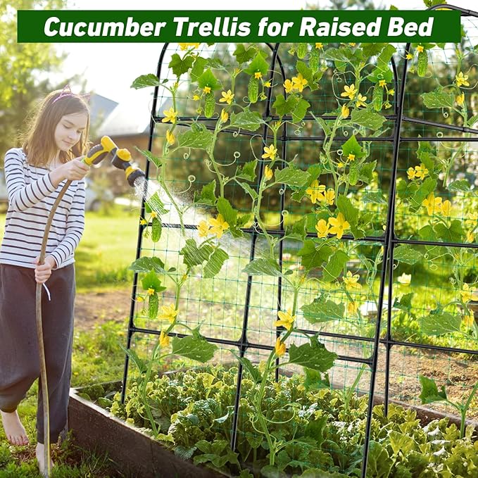 7ft Cucumber Trellis for Raised Bed, Garden Arch Trellis for Climbing Plants Outdoor Indoor, Metal Trellis Support with Net for Vegetables Tomato Zucchini Squash Beans Peas Melons, Rose Flowers,Vines