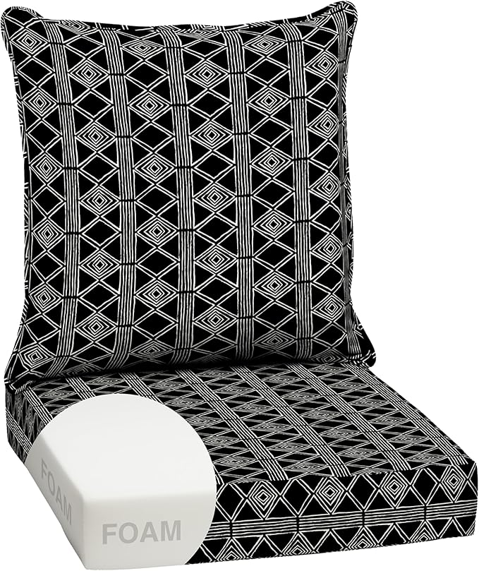 Arden Outdoor Foam Deep Seat Cushion Set, 24 in x 24 in, Weather-Proof, Rain-Proof, Fade Resistant Patio Cushion, Bottom and Back Cushion for Chair, Sofa, and Couch Black Global Stripe