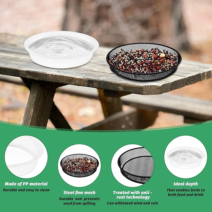 2 Pcs 7 Inch Metal Round Bird Feeder Tray and Plastic Bird Bath Bowl, Wild Birds Seed Tray Bath Water Bowl Outdoor Accessory for Humming Feeder Station (2)
