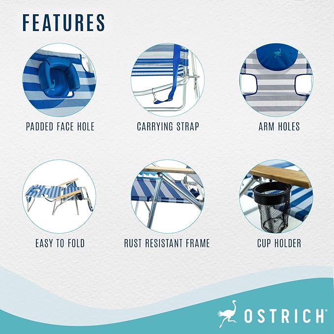 Ostrich 3-in-1 Chair For Relaxing, Beach For Arm Rest, Head Support, Adjustable Lumbar, Aluminum, Striped