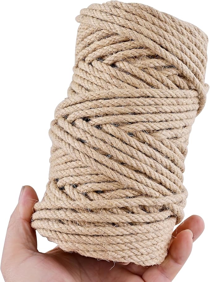Natural Jute Twine 328ft 4mm,3Ply Twisted Thick Twine Rope Strong Jute String Roll for Crafts Gift Wrapping Gardening Home Decor Bundling Cat Scratching Post