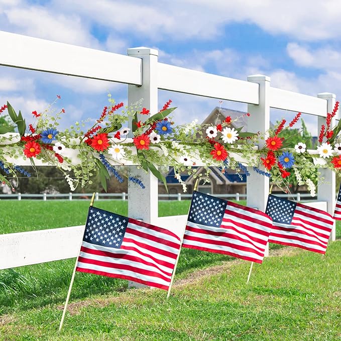 6.56 Ft 4th of July Flower Garland Wreath Patriotic Red Blue White Daisy Vine Garland Artificial Wild Floral Garland for Independence Day Arch Porch Stair Table Indoor Door Home All Year