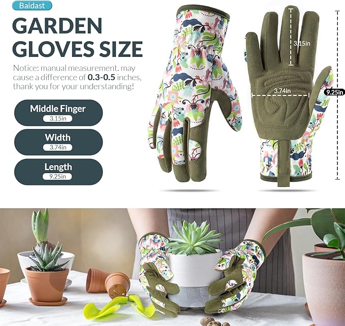 Baidast Garden Gloves, Breathable Leather Gardening Gloves Thorn Proof for Digging, Planting, Pruning