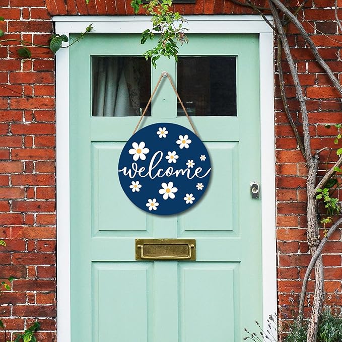 Spring White Daisy Flower Door Sign For Front Door Decor,Daisy Welcome Blue Wooden Sign 12"x 12" Round Spring Hanging Door Sign Decoration for Wall Rustic Decor