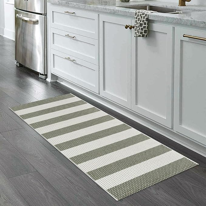 Boho Striped Front Door Mat Outside Entrance 2x4.3,Green and White Washable Porch Rug Runner,Cotton Hand Woven Indoor Outdoor Rugs,Foldable Farmhouse Layered Door Mats for Entryway
