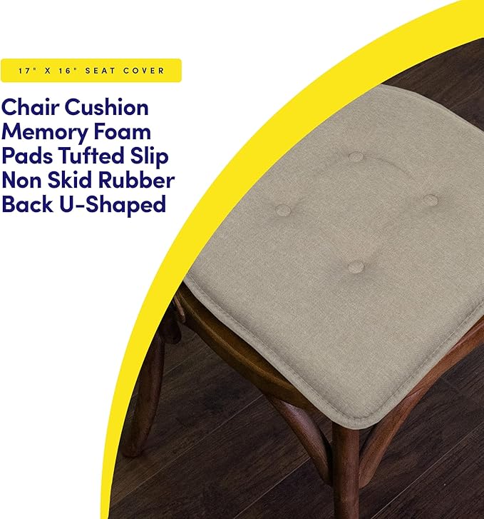 Sweet Home Collection Chair Cushion Memory Foam Pads Tufted Slip Non Skid Rubber Back U-Shaped 17" x 16" Seat Cover, 2 Count (Pack of 1), Khaki
